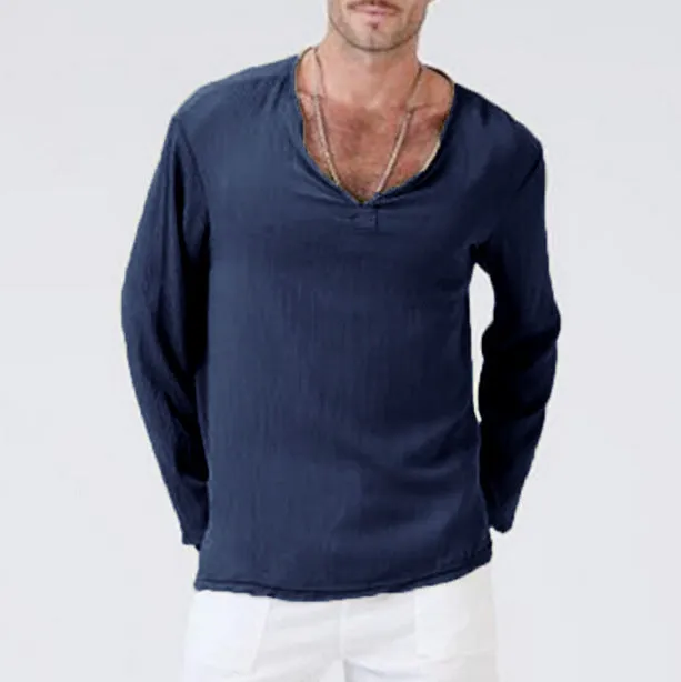 Cotton and linen ethnic style men's V-neck long sleeve T-shirt in khaki, front view