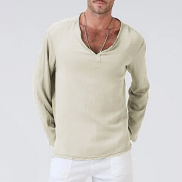 Cotton and linen ethnic style men's V-neck long sleeve T-shirt in khaki, front view