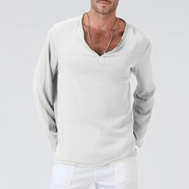 Cotton and linen ethnic style men's V-neck long sleeve T-shirt in khaki, front view