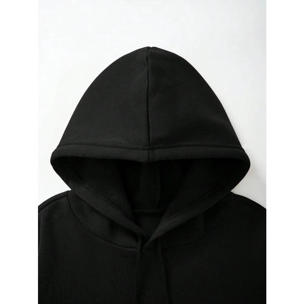Men's black pullover hoodie with 3D stereo print pattern on front, long sleeves, spandex fabric