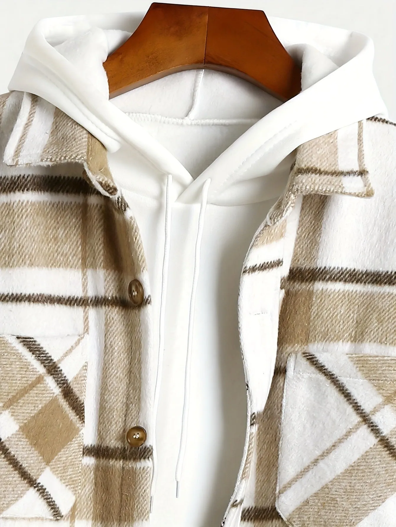 Men's plaid lapel thickening shirt cardigan in dark khaki cloth long sleeves loose fit