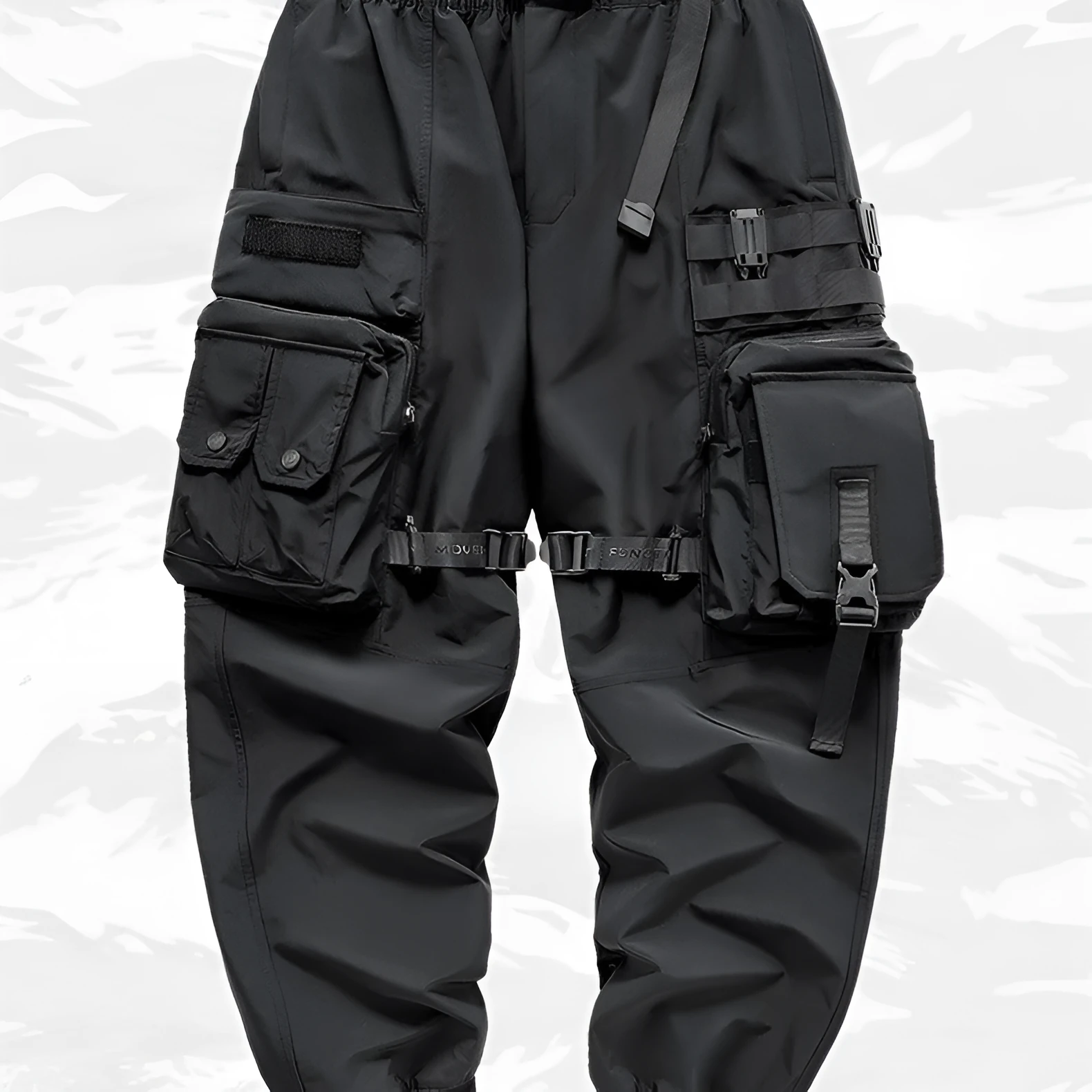 Men's black multi pocket cargo pants in polyester, loose fit, mid-waist style, on white background