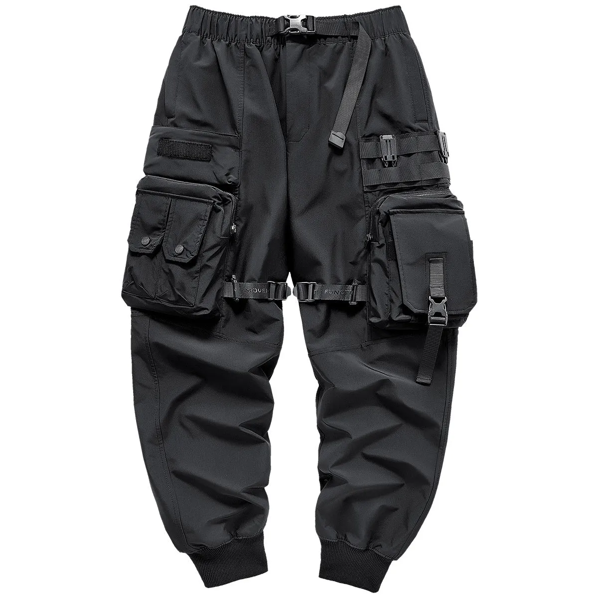 Men's black multi pocket cargo pants in polyester, loose fit, mid-waist style, on white background