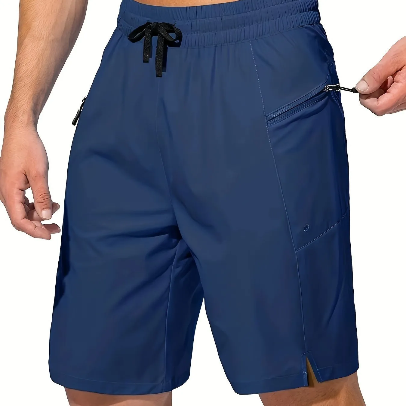 Men's solid colour quick-drying polyester beach shorts in straight cut design