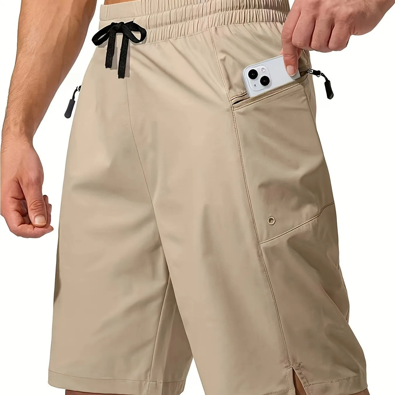 Men's solid colour quick-drying polyester beach shorts in straight cut design