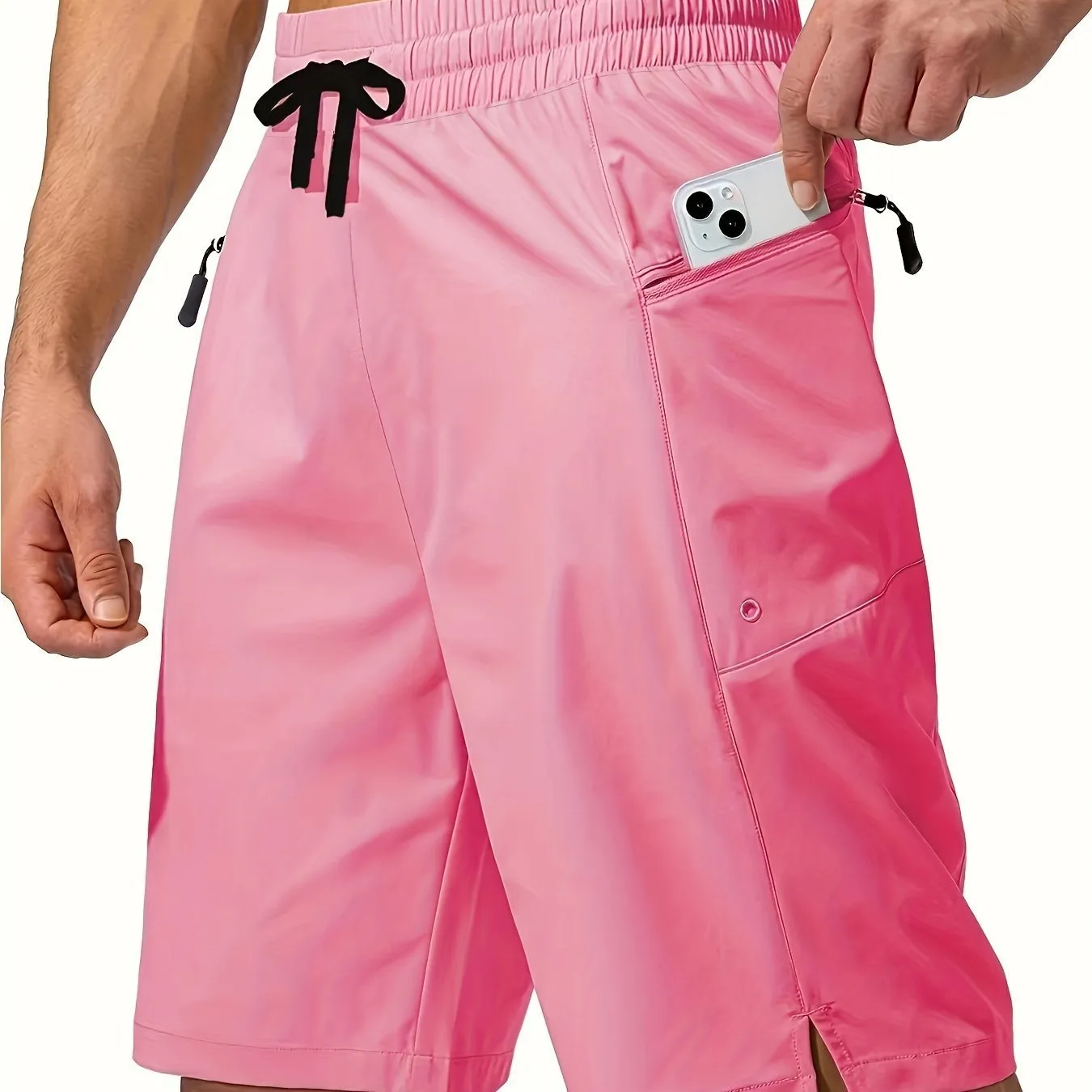 Men's solid colour quick-drying polyester beach shorts in straight cut design