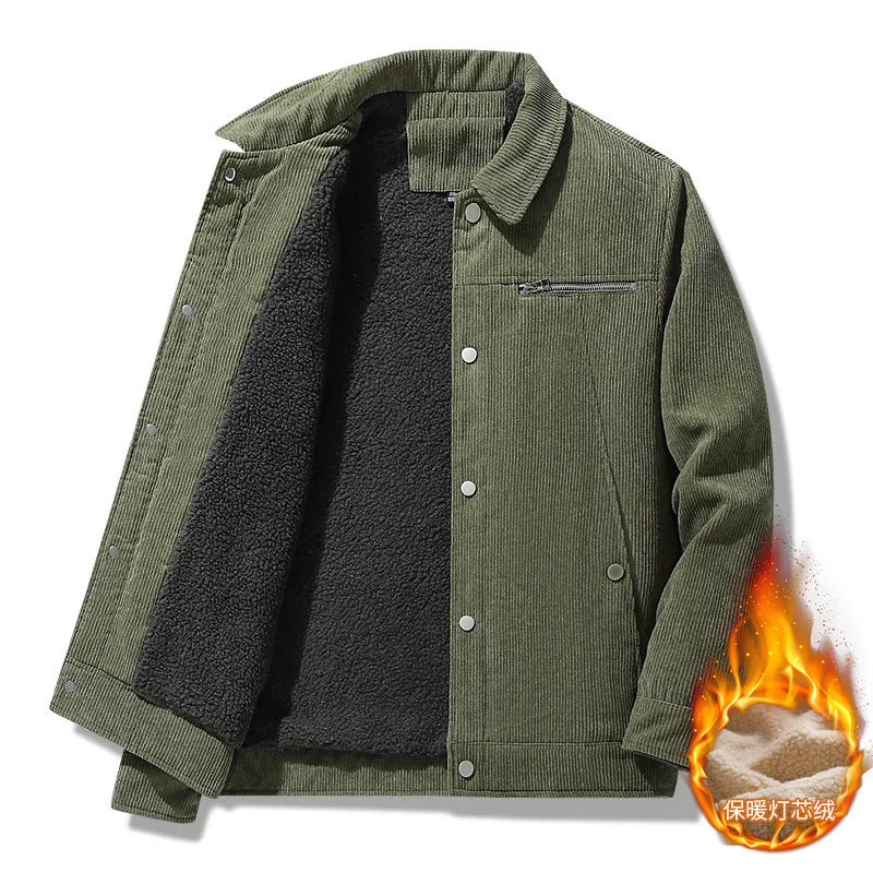 Winter slim retro corduroy jacket with lapels and side pockets in army green on a mannequin