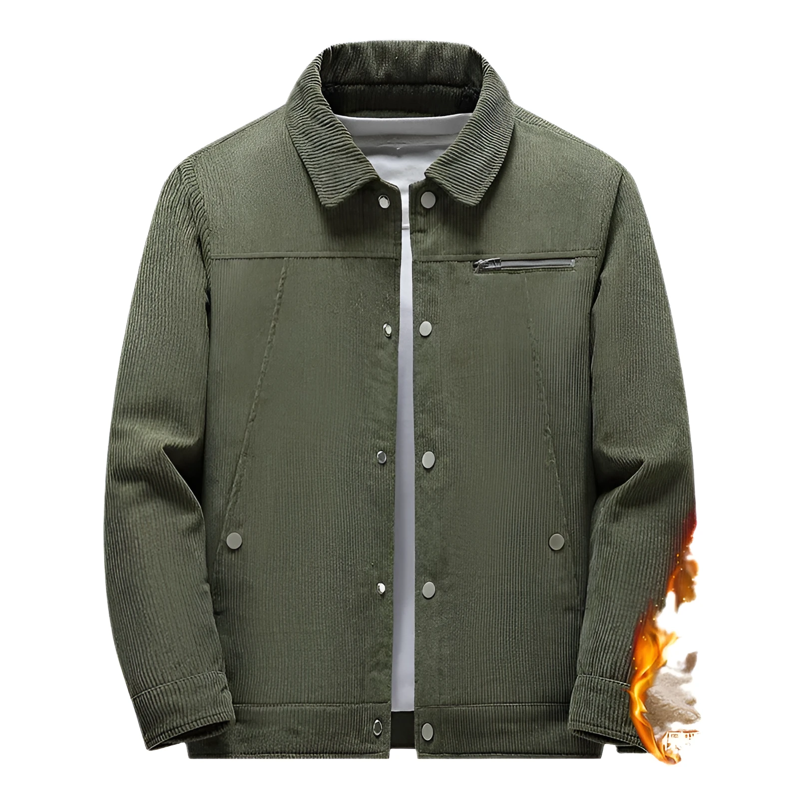 Winter slim retro corduroy jacket with lapels and side pockets in army green on a mannequin
