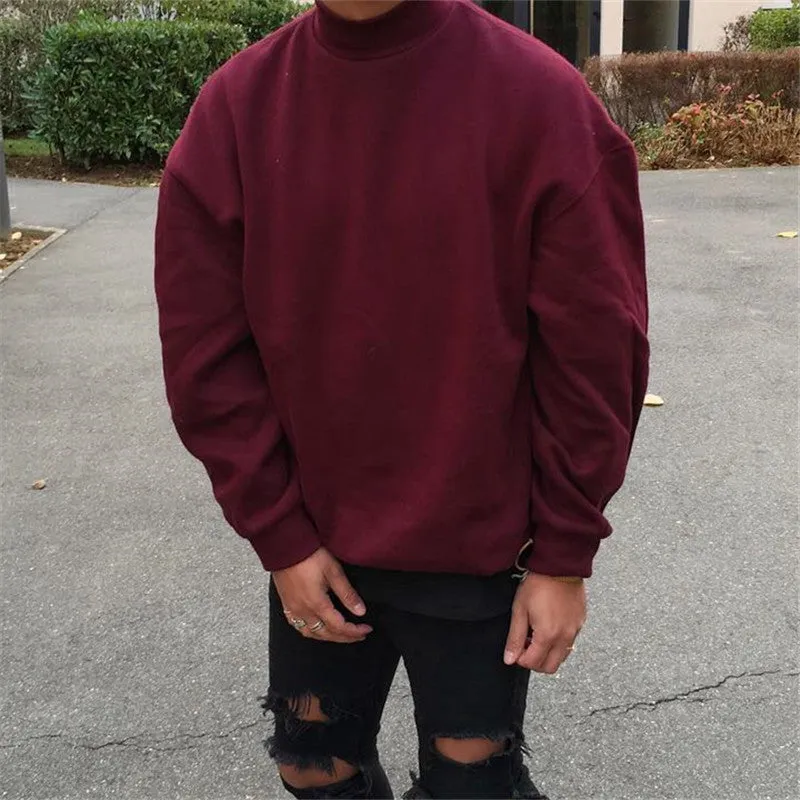 Men's wine red round neck polyester pullover with high collar and long sleeves