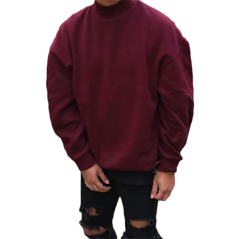 Men's wine red round neck polyester pullover with high collar and long sleeves