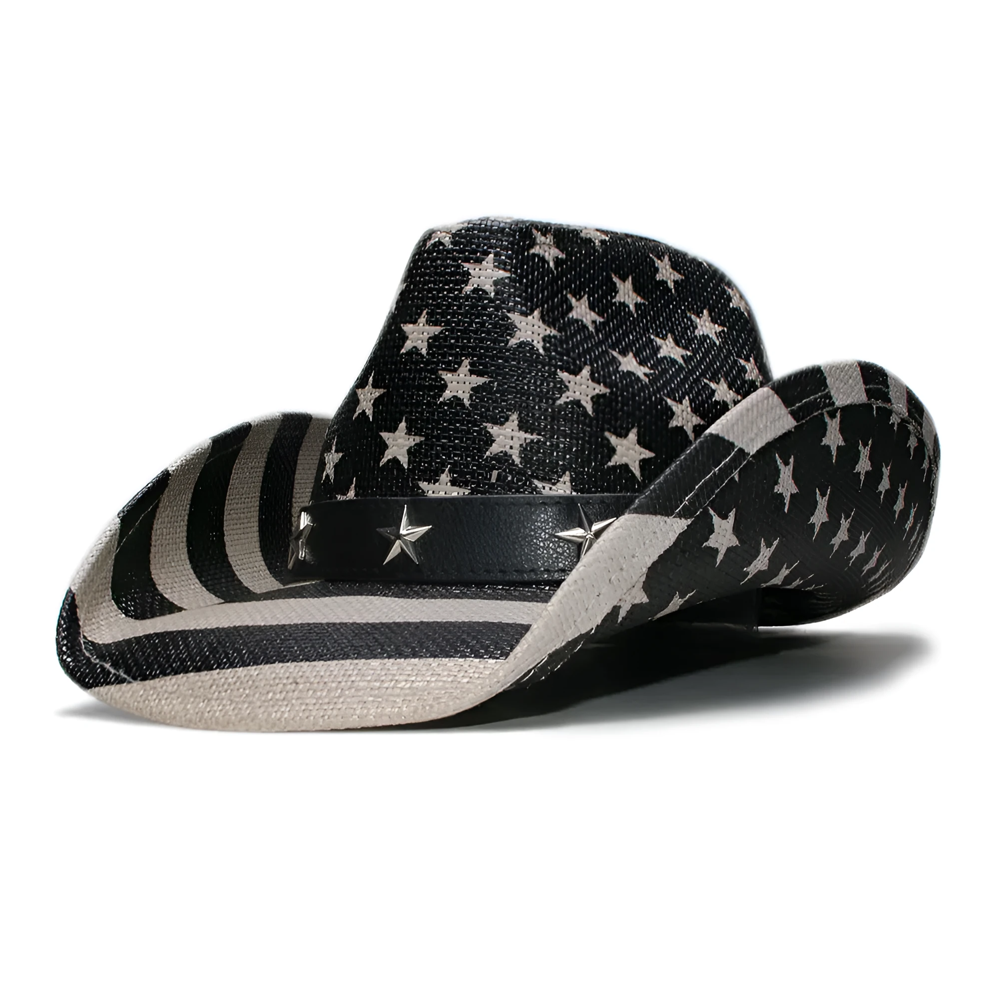 Cowboy sun hat in grey with curling brim and high-top design, made of woven grass