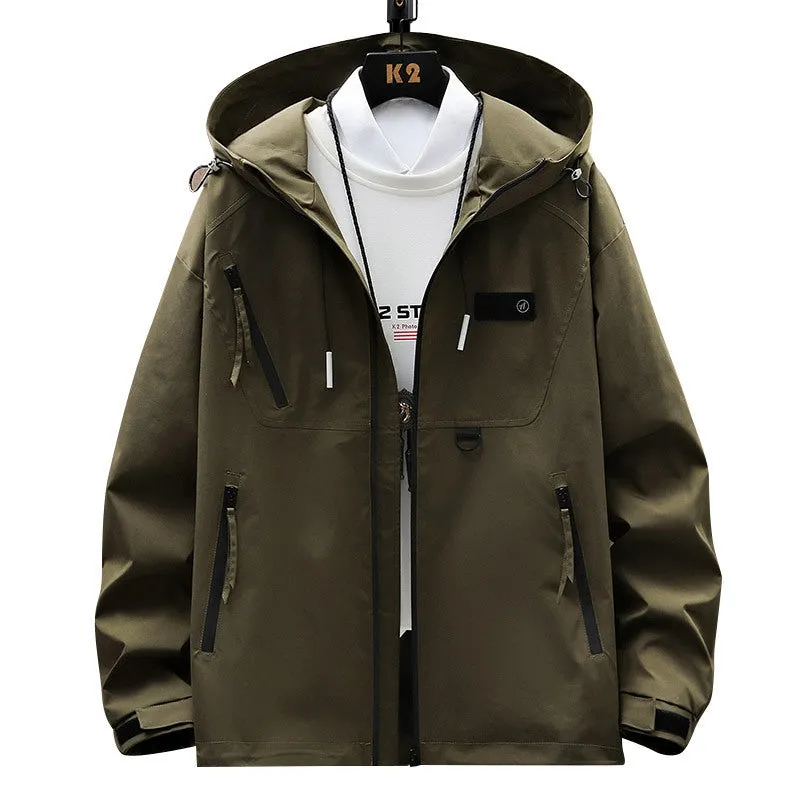 Men's waterproof windproof hood shell jacket in Army Green, loose fit, polyester outdoor coat