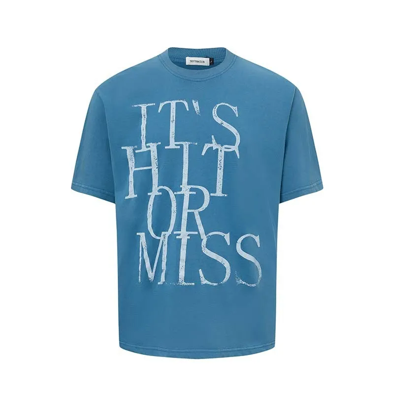 Men's blue American-style t-shirt with white letter print across chest