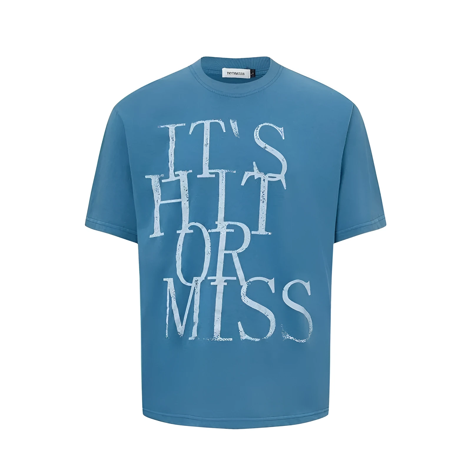 Men's blue American-style t-shirt with white letter print across chest