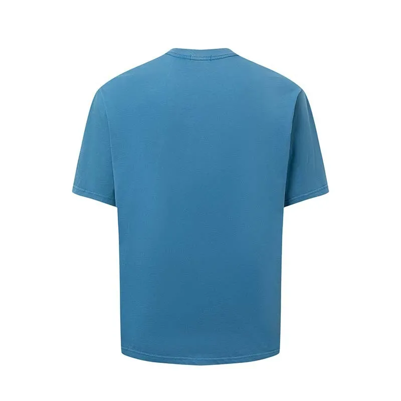 Men's blue American-style t-shirt with white letter print across chest