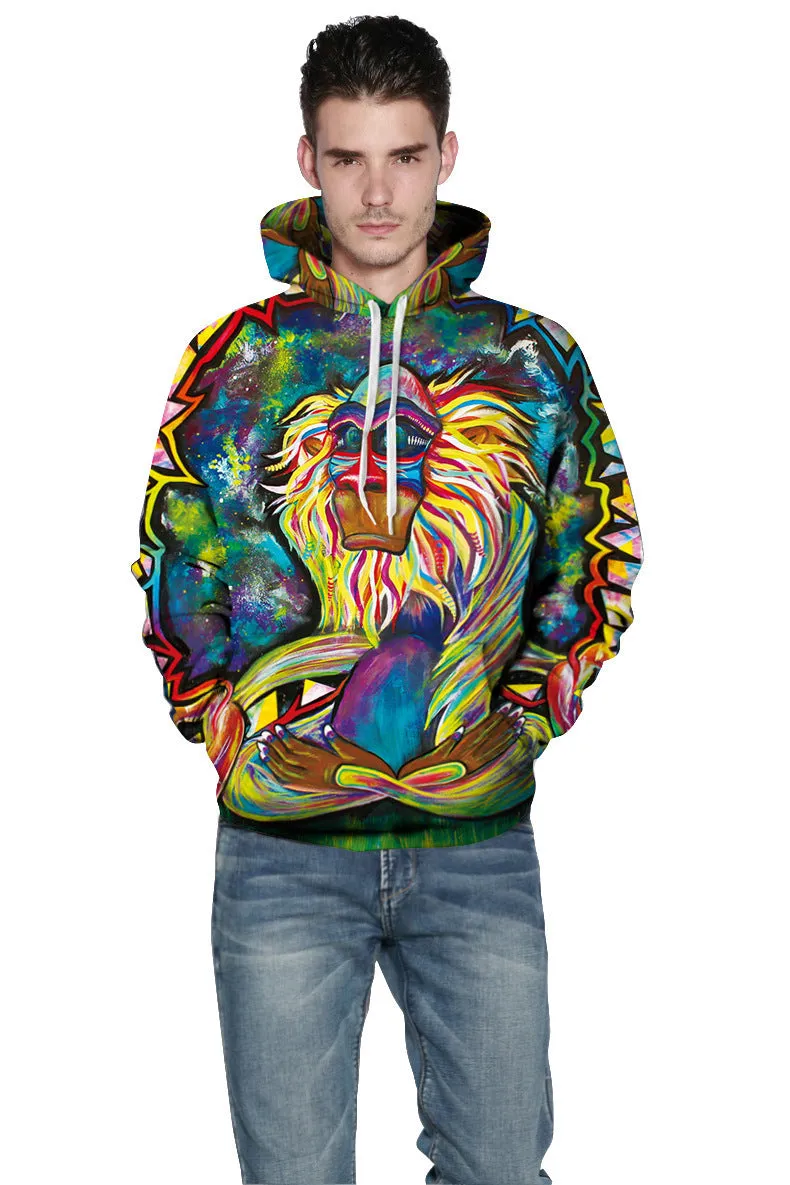Fashion 3D print monkey hoodie for men and women, polyester, streetwear, sizes S-5XL