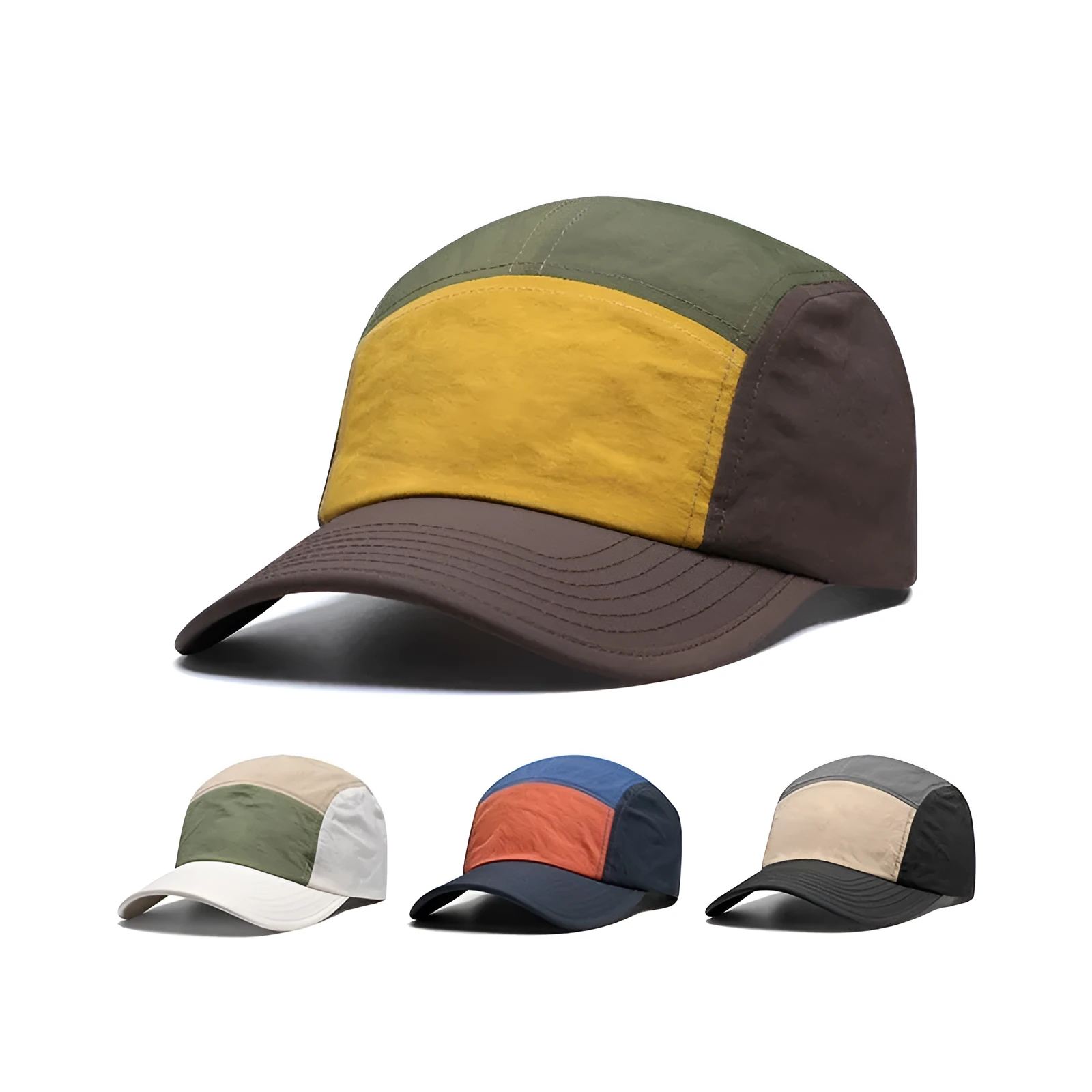 Men's khaki, army green, orange, and yellow quick-drying cotton polyester baseball cap with curved brim.