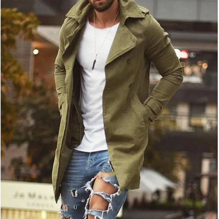 Spring men cotton linen mid-length slim fit windbreaker jacket in khaki, front view on mannequin