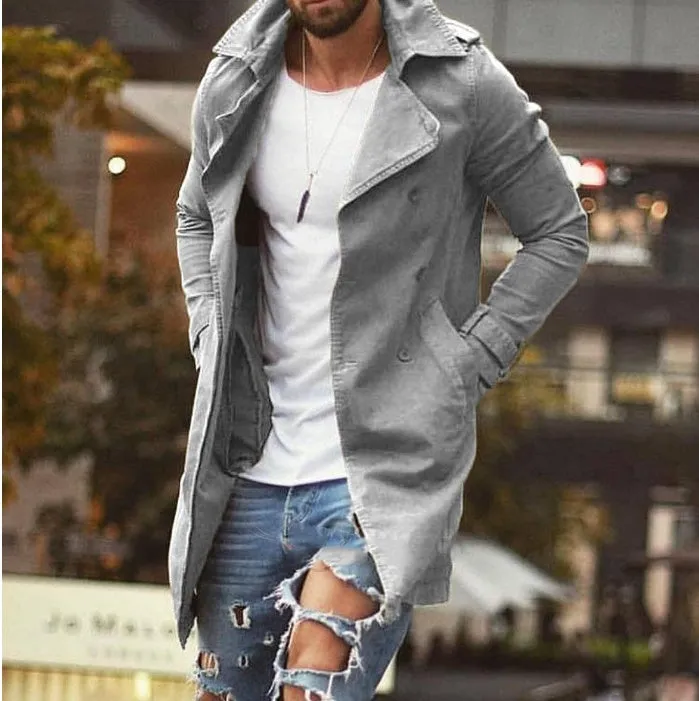 Spring men cotton linen mid-length slim fit windbreaker jacket in khaki, front view on mannequin