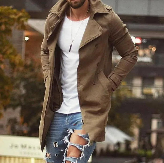 Spring men cotton linen mid-length slim fit windbreaker jacket in khaki, front view on mannequin