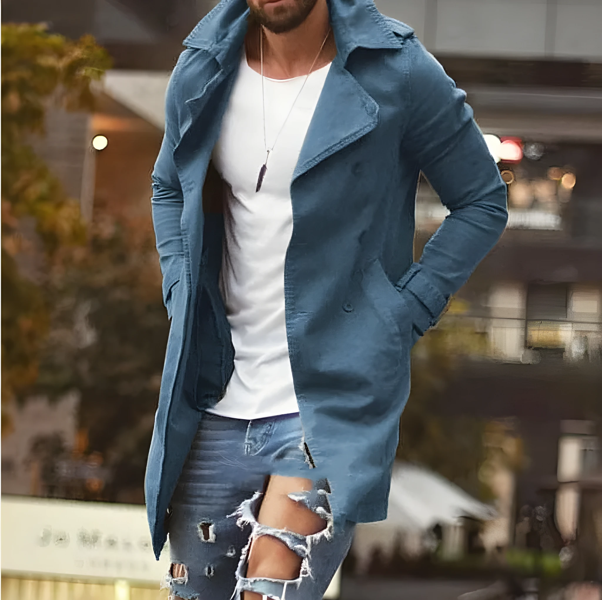 Spring men cotton linen mid-length slim fit windbreaker jacket in khaki, front view on mannequin