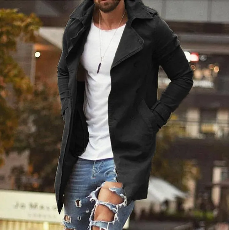 Spring men cotton linen mid-length slim fit windbreaker jacket in khaki, front view on mannequin