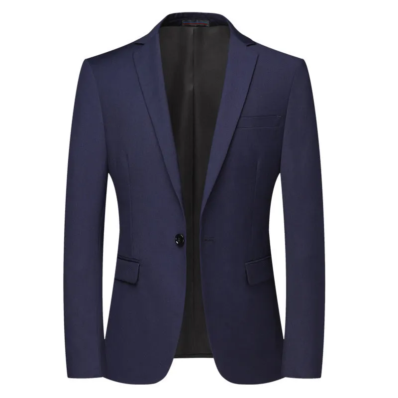 Men's casual solid colour slim fit polyester suit top jacket black long sleeves front view