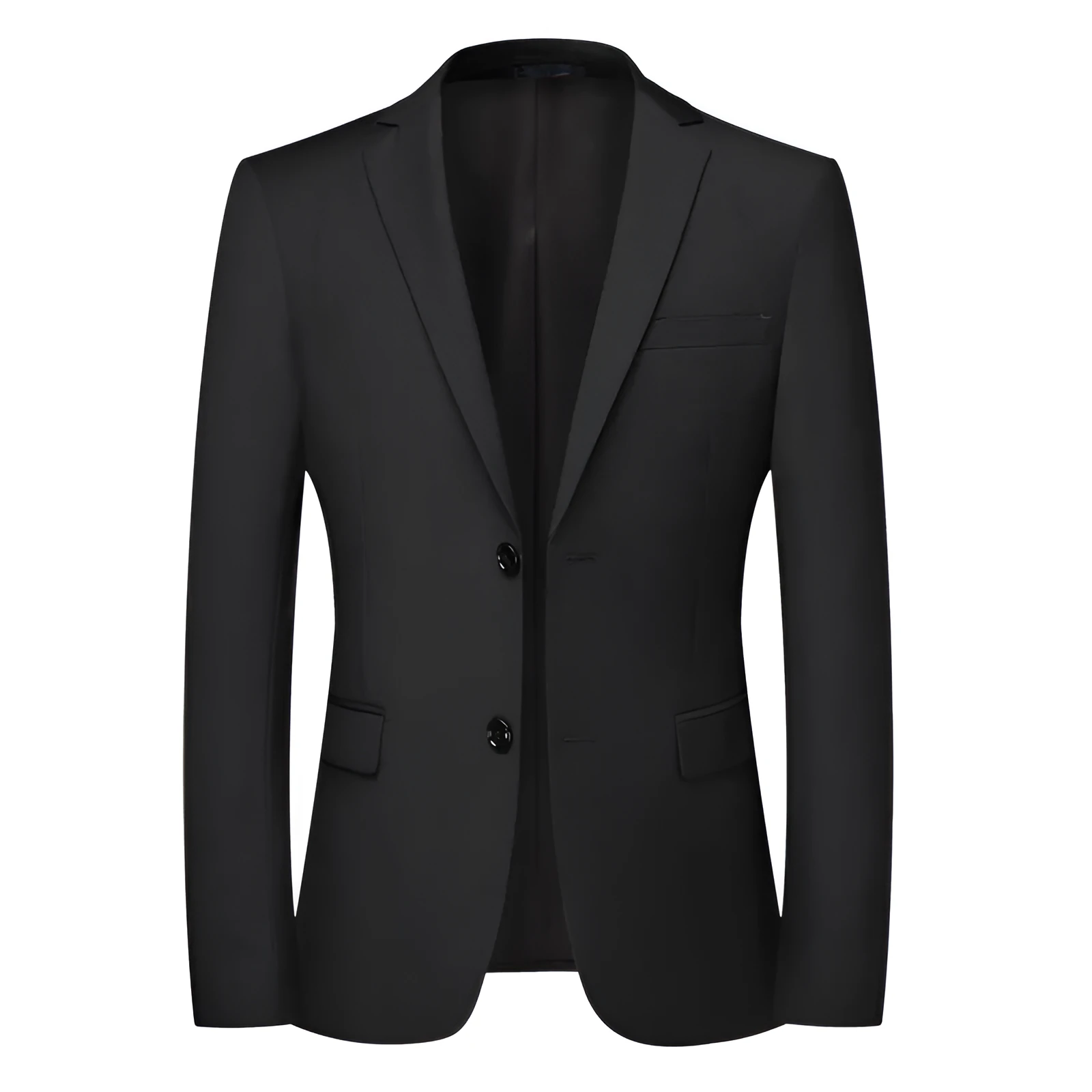 Men's casual solid colour slim fit polyester suit top jacket black long sleeves front view
