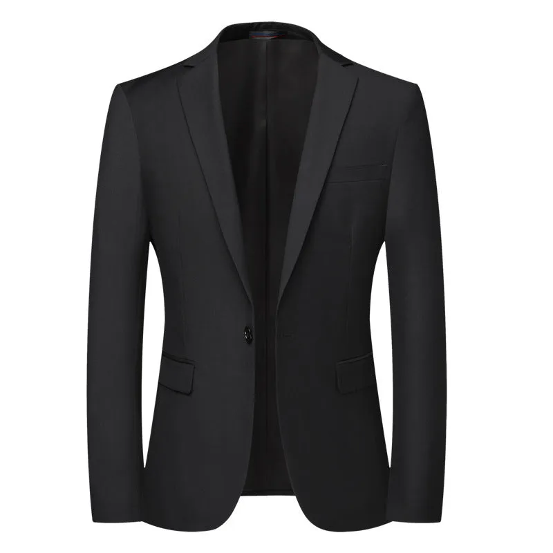 Men's casual solid colour slim fit polyester suit top jacket black long sleeves front view