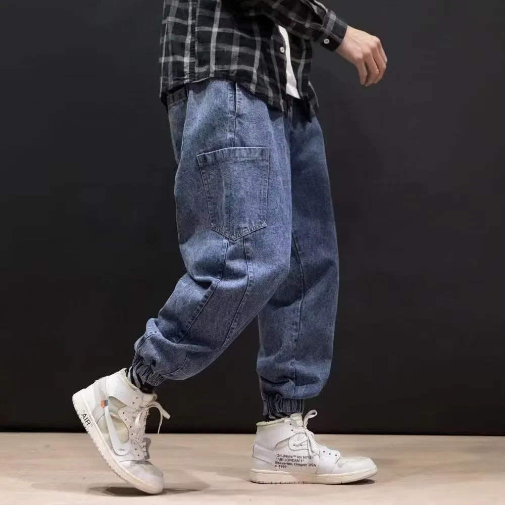 Men's mid waist straight leg cargo jeans in blue and grey, sizes M to 5XL, polyester denim blend.