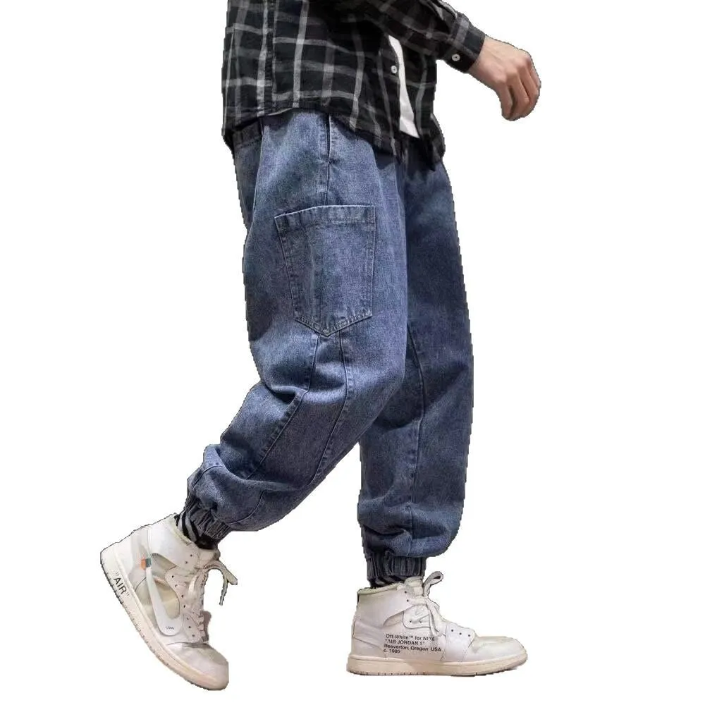 Men's mid waist straight leg cargo jeans in blue and grey, sizes M to 5XL, polyester denim blend.