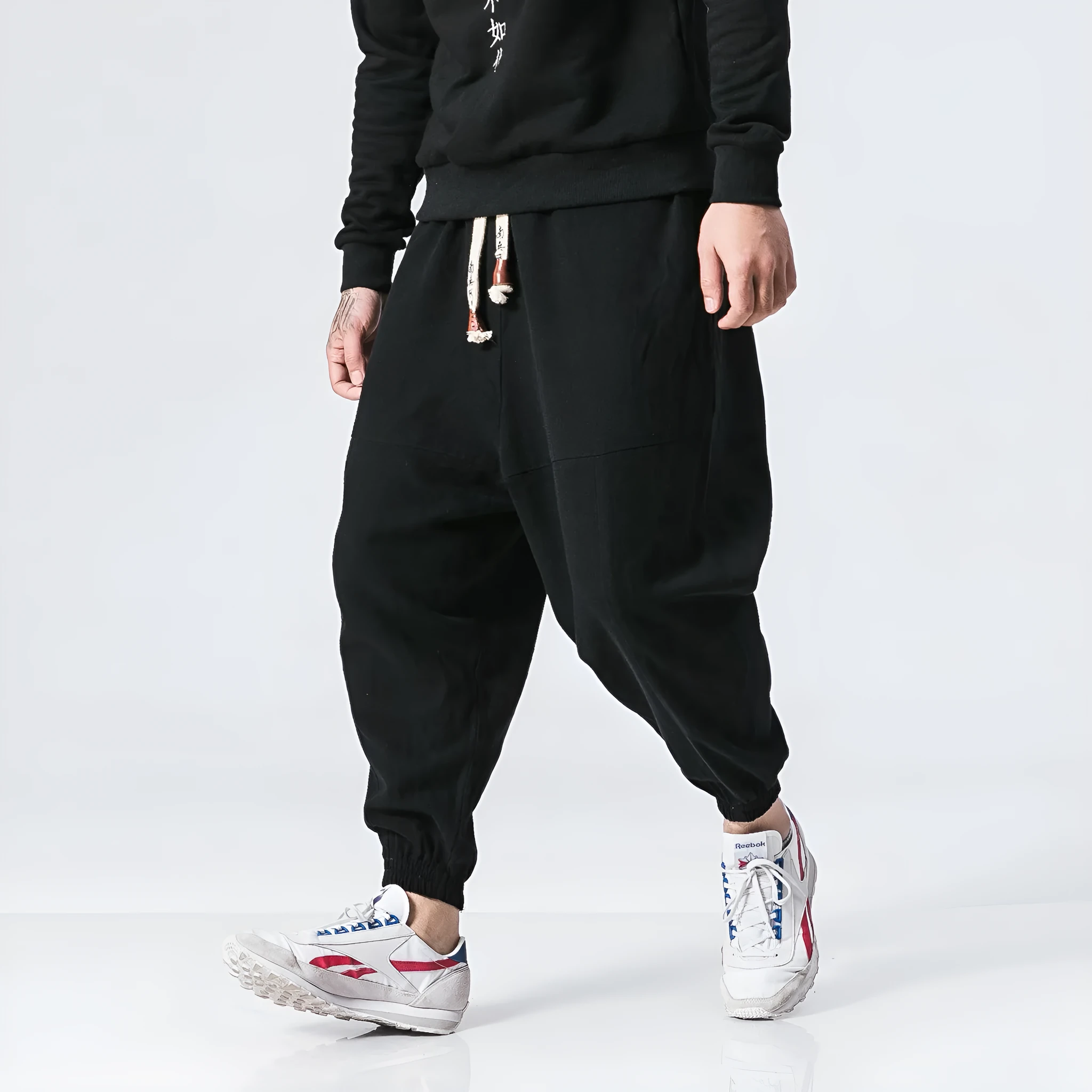 Men's linen blend loose overalls in black, navy blue, wine red – sizes M to 5XL – tether closure