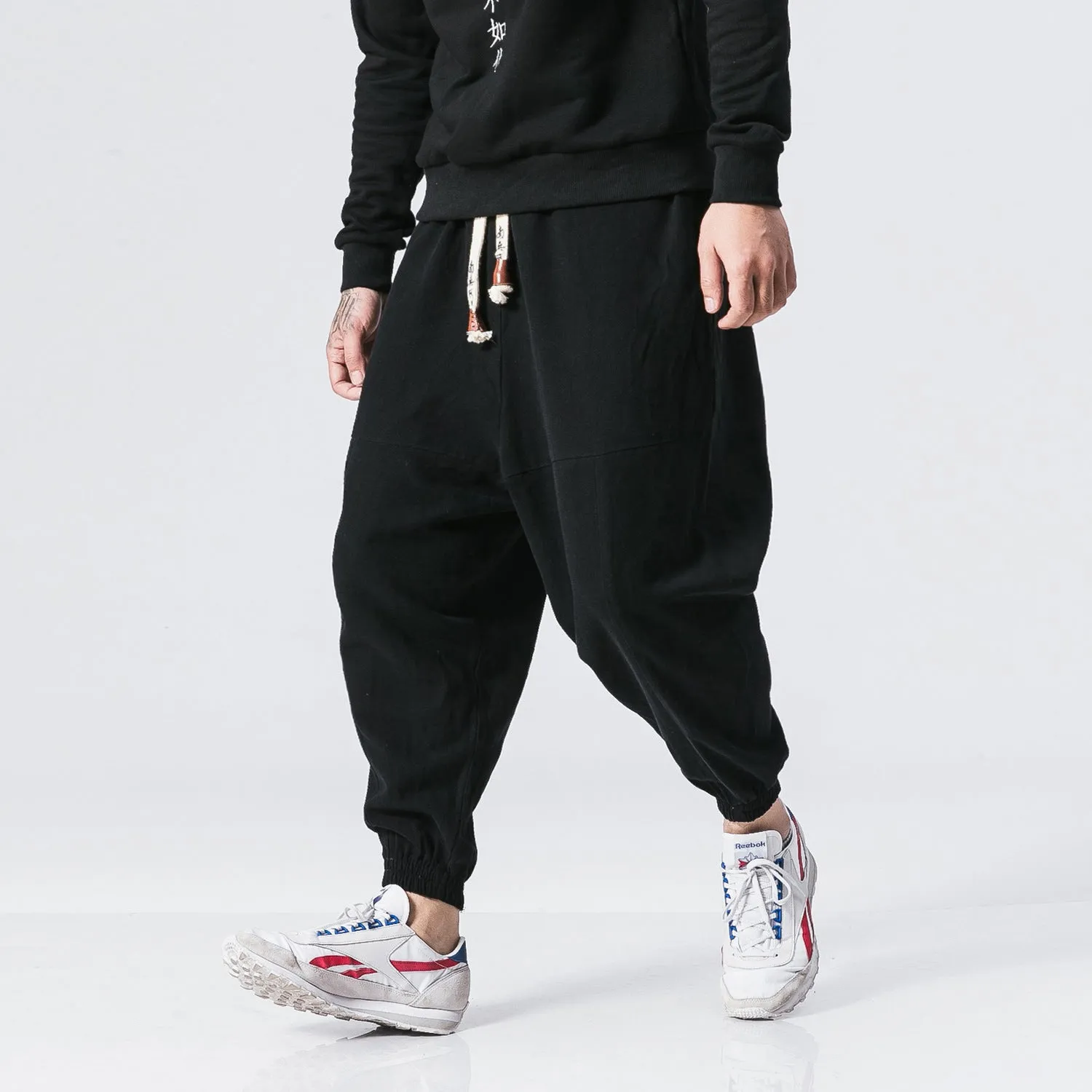 Men's linen blend loose overalls in black, navy blue, wine red – sizes M to 5XL – tether closure