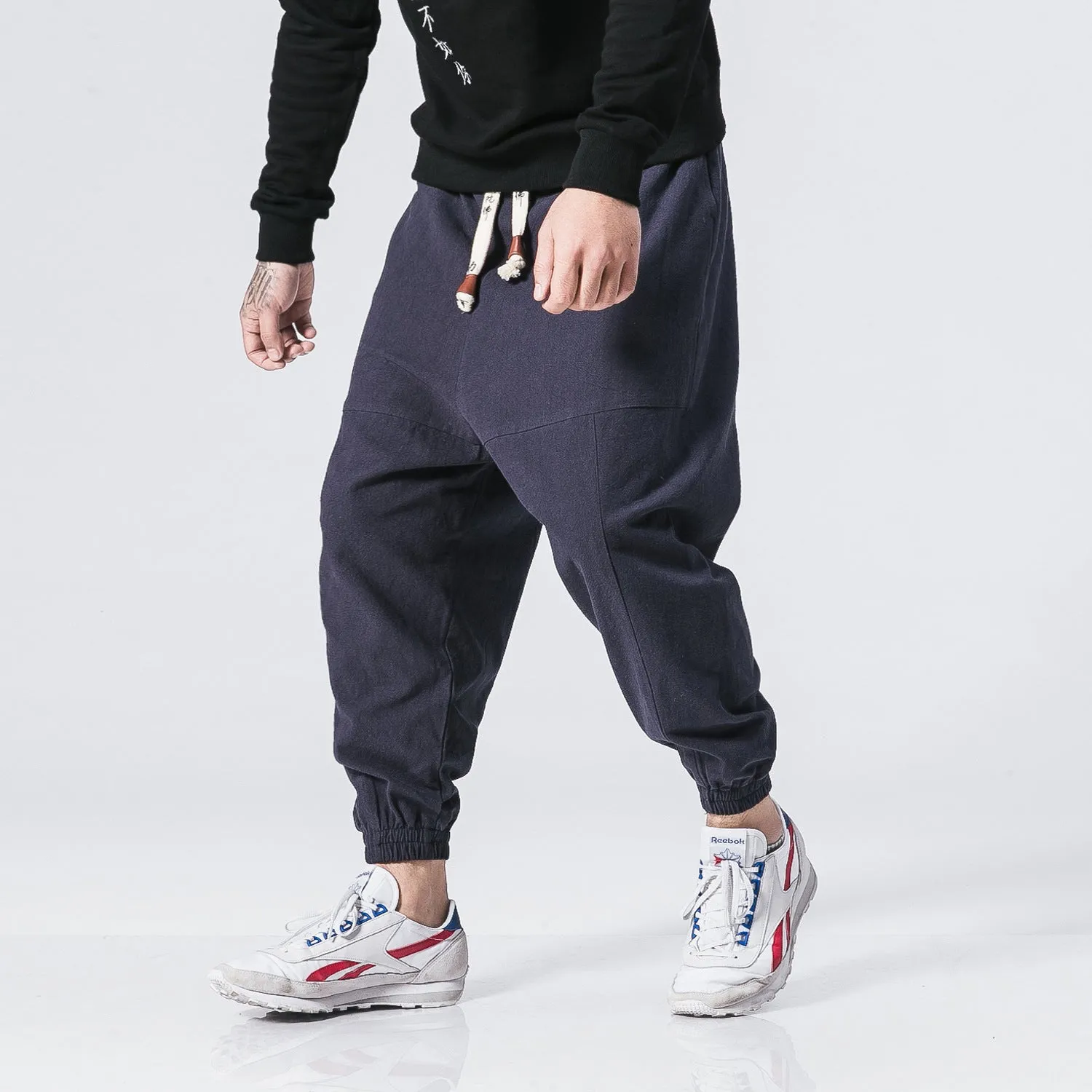 Men's linen blend loose overalls in black, navy blue, wine red – sizes M to 5XL – tether closure