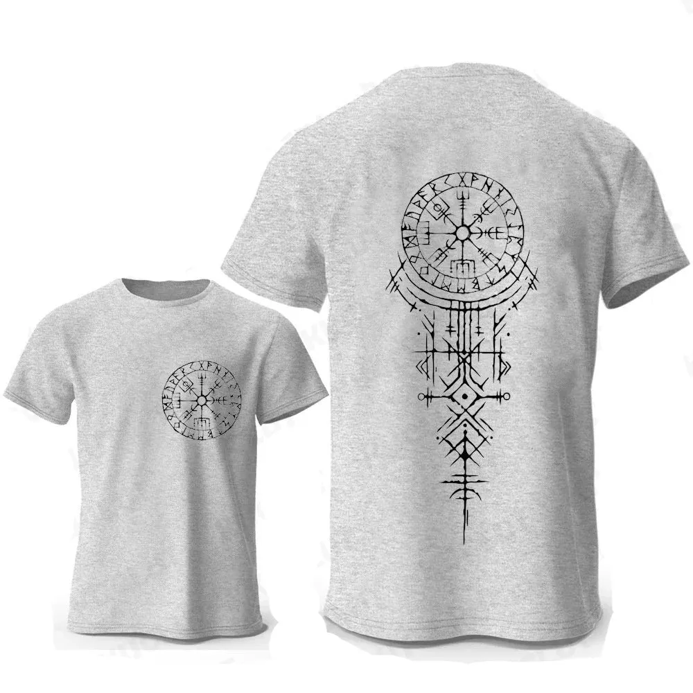 Men's grey cotton T-shirt with a detailed Viking rune compass graphic print on the chest.