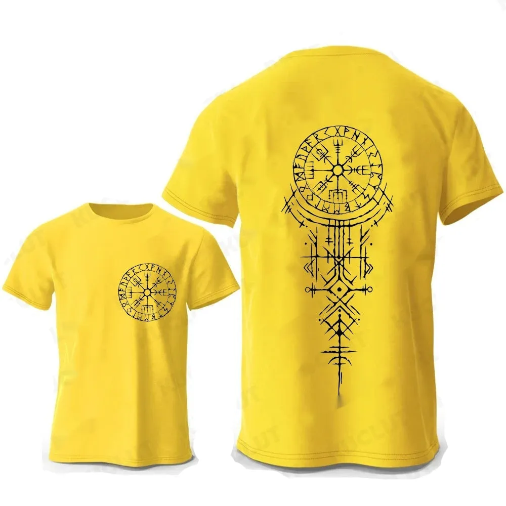 Men's grey cotton T-shirt with a detailed Viking rune compass graphic print on the chest.