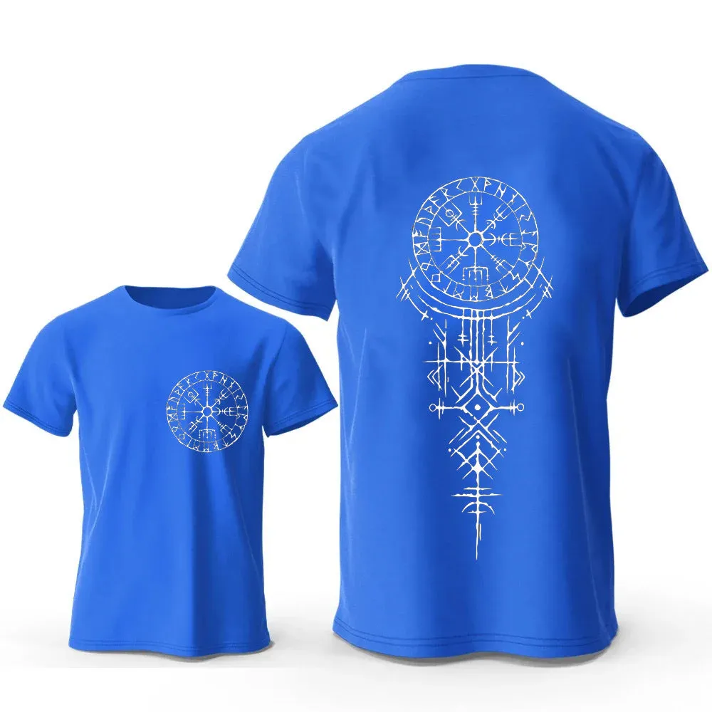 Men's grey cotton T-shirt with a detailed Viking rune compass graphic print on the chest.