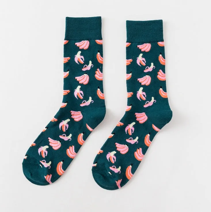 Happy fruit banana print tube socks for men women high-density cotton one size 39-43 colour options
