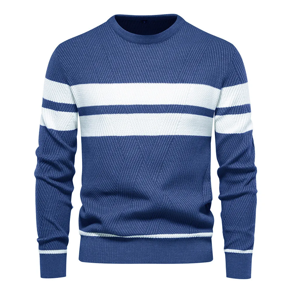 Men's casual striped knitted sweater in Army Green, long sleeve crew neck, side view