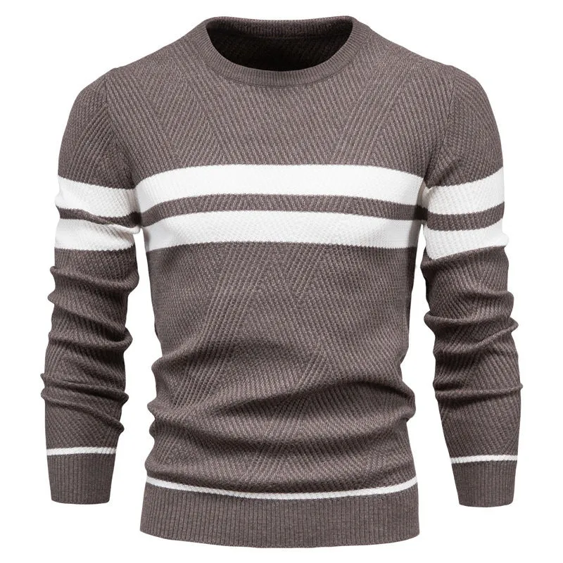 Men's casual striped knitted sweater in Army Green, long sleeve crew neck, side view