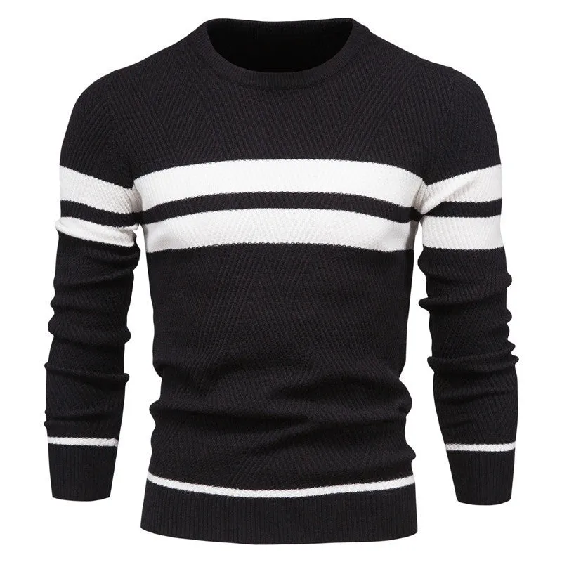 Men's casual striped knitted sweater in Army Green, long sleeve crew neck, side view