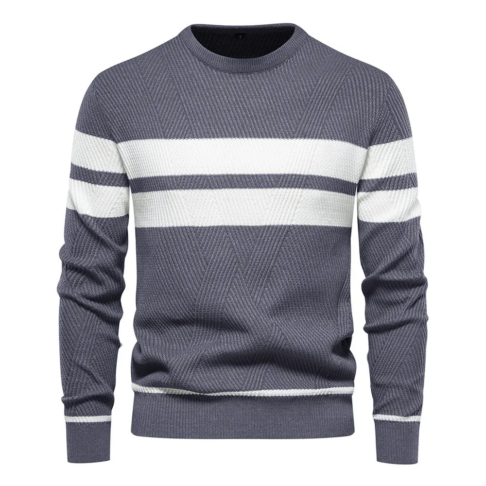 Men's casual striped knitted sweater in Army Green, long sleeve crew neck, side view