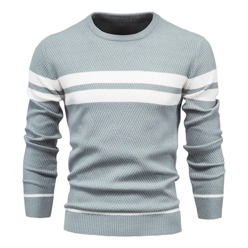 Men's casual striped knitted sweater in Army Green, long sleeve crew neck, side view