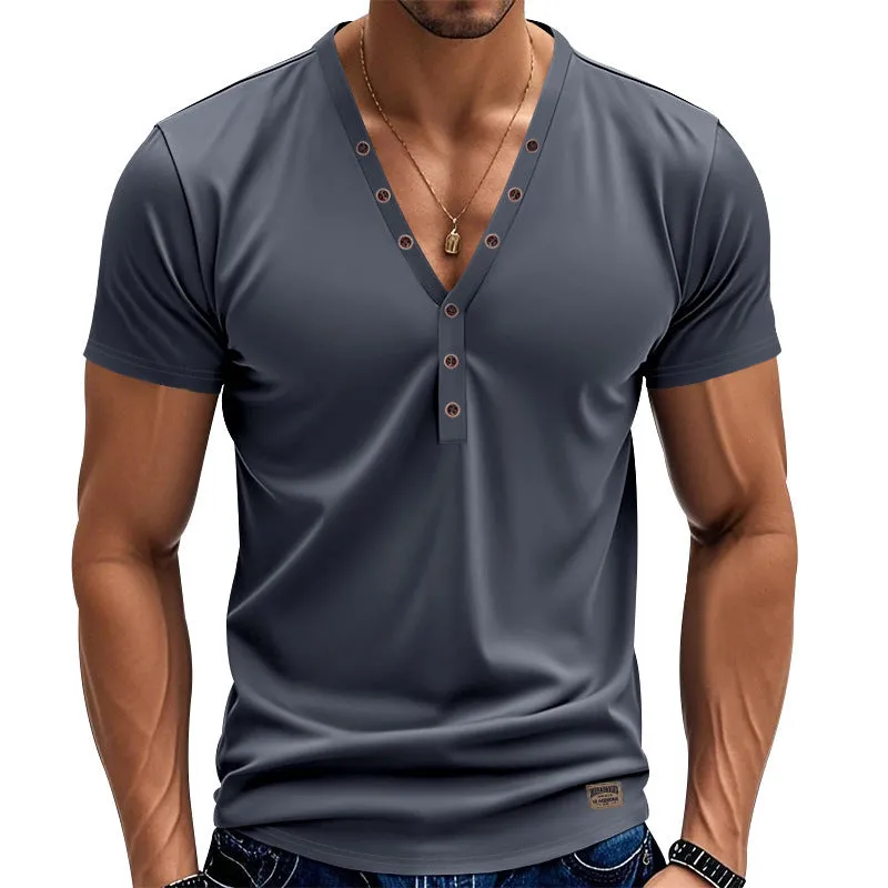 Men's loose fit V-neck t-shirt with button detail in light blue colour.