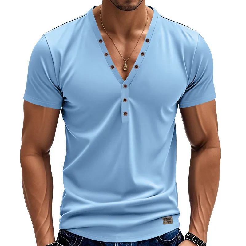 Men's loose fit V-neck t-shirt with button detail in light blue colour.