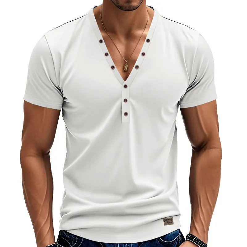 Men's loose fit V-neck t-shirt with button detail in light blue colour.