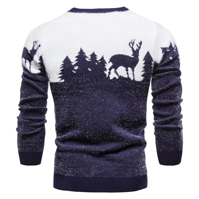 Christmas deer sweater in slim fit with colour block design in red, black, and navy blue