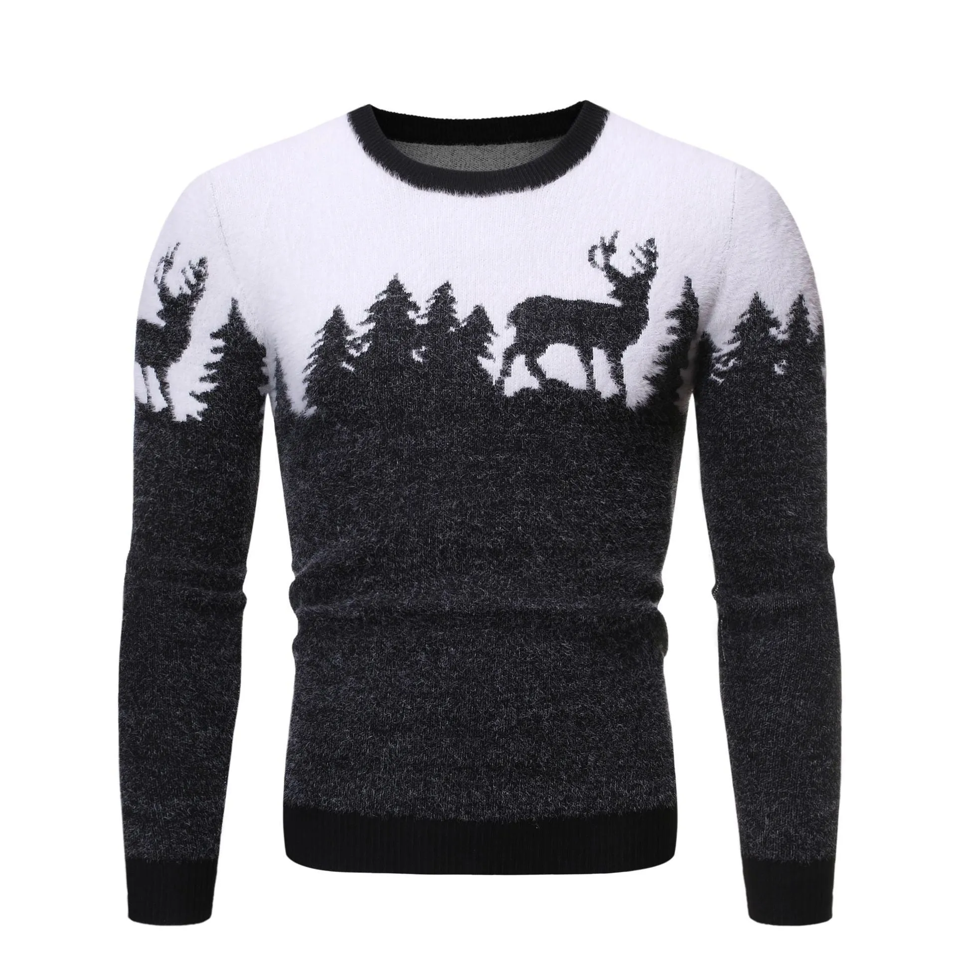 Christmas deer sweater in slim fit with colour block design in red, black, and navy blue