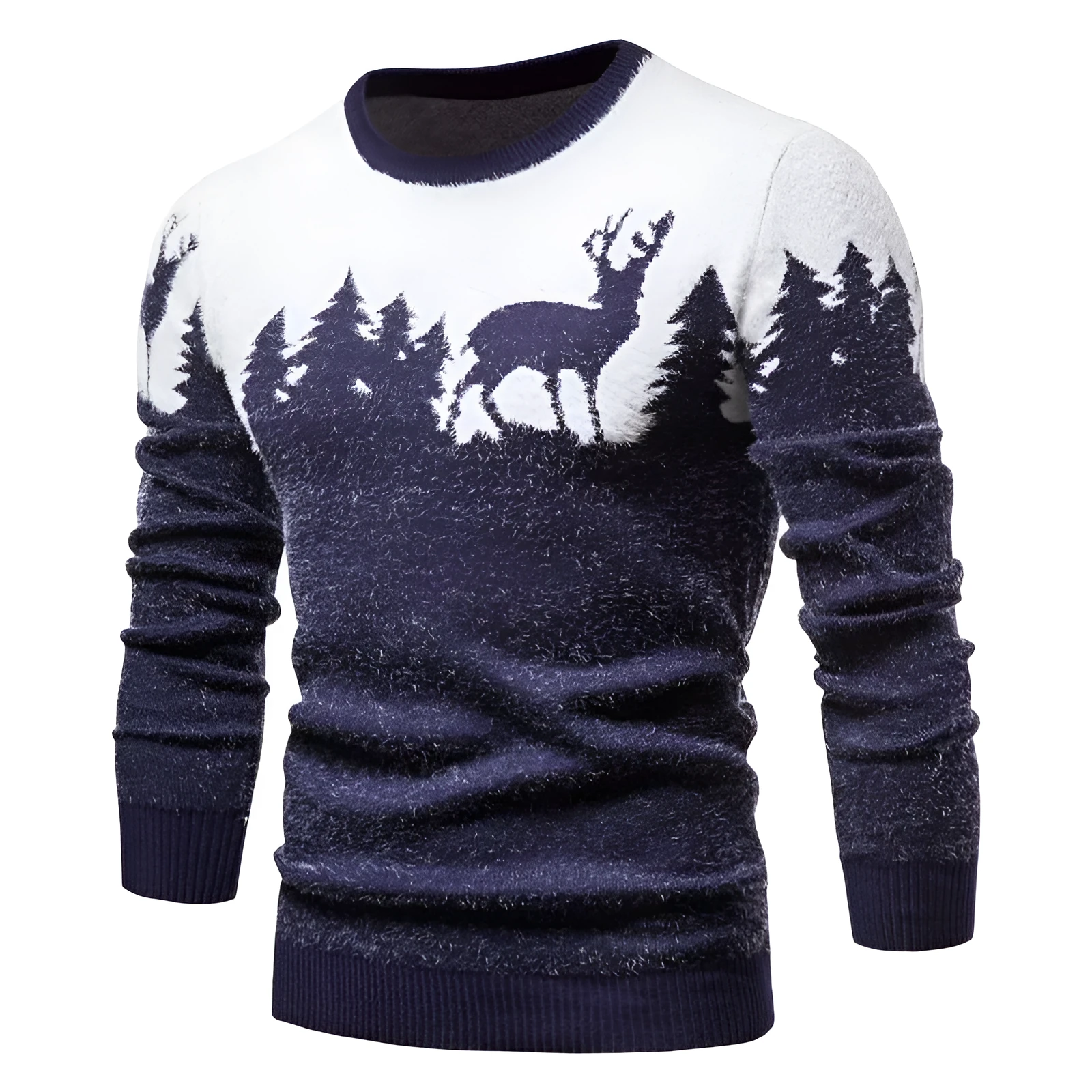 Christmas deer sweater in slim fit with colour block design in red, black, and navy blue