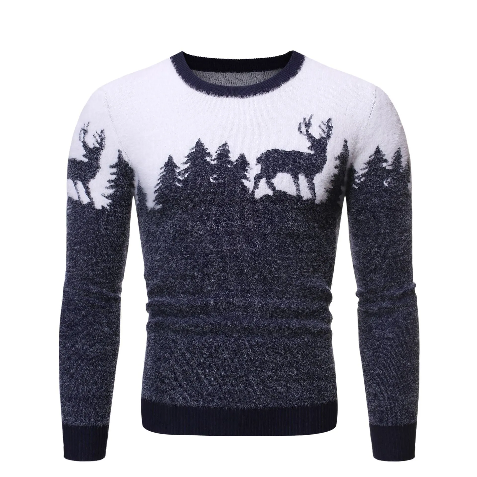 Christmas deer sweater in slim fit with colour block design in red, black, and navy blue